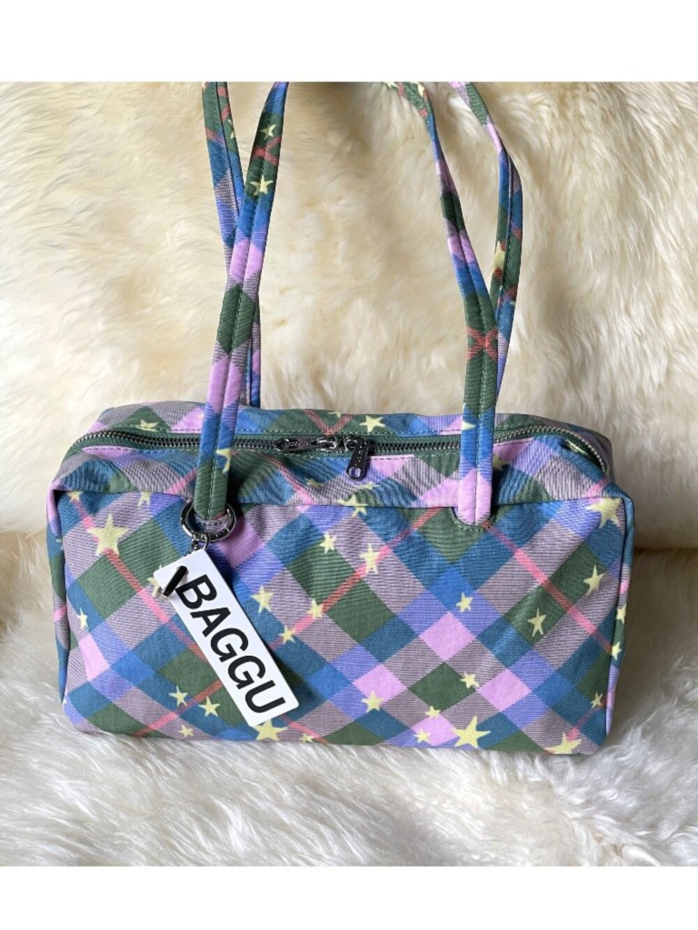 NWT Baggu Regular Nylon Bowler Bag - Green Star Plaid - Picture 2 of 11